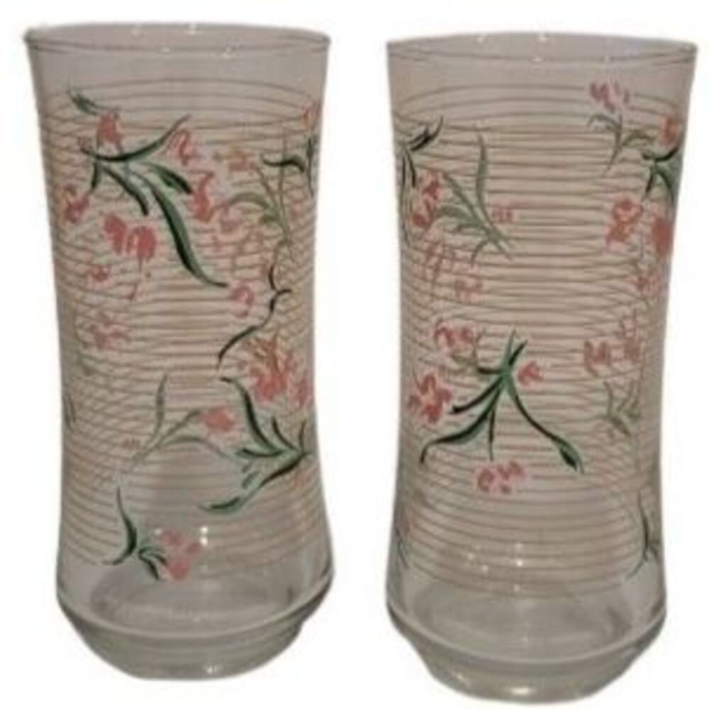 Libbey Vintage Pink & Green Striped Highball Glasses 6” Floral